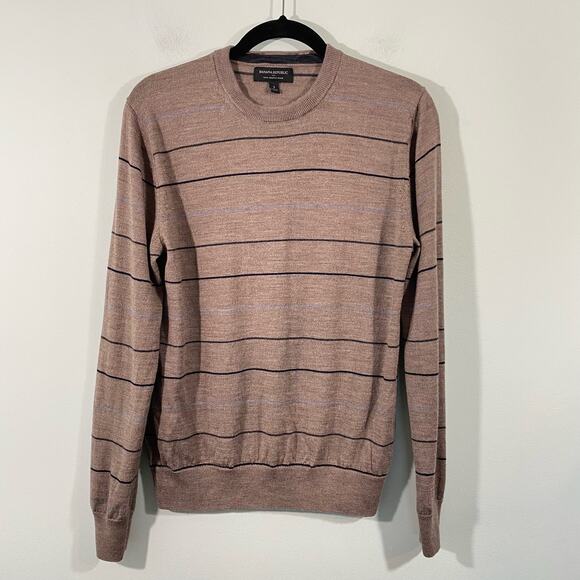 Banana Republic Men's Brown Striped 100% Merino Wool Crew Neck Sweater Size S - Picture 1 of 8